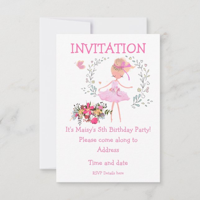Invitación de cumpleaños a Ballerina y Diseño Flor (Anverso)