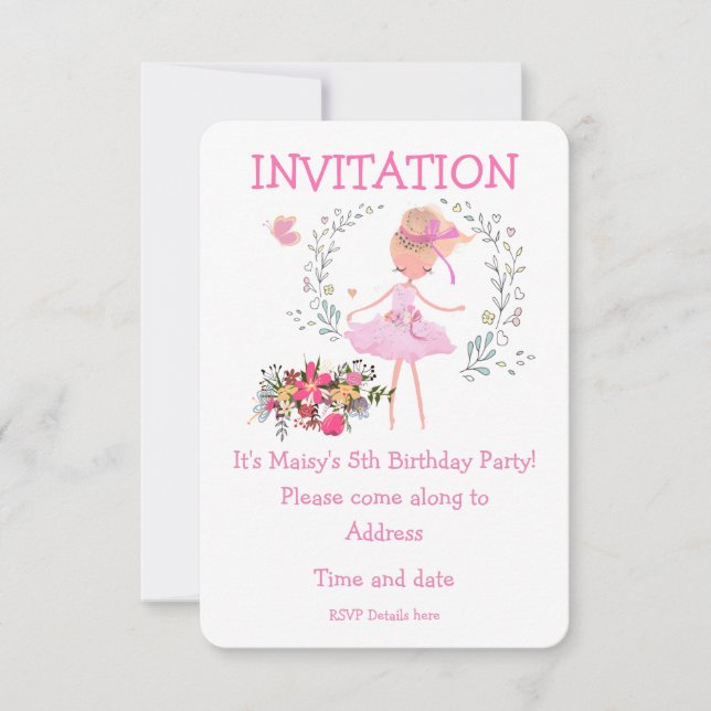 Invitación de cumpleaños a Ballerina y Diseño Flor (Anverso)