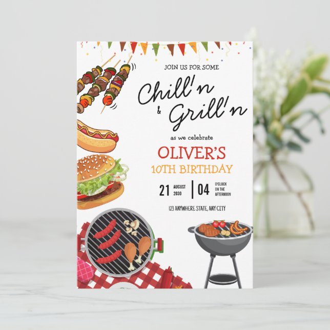 Invitación de cumpleaños a barbacoa, fiesta de par (Anverso de pie)