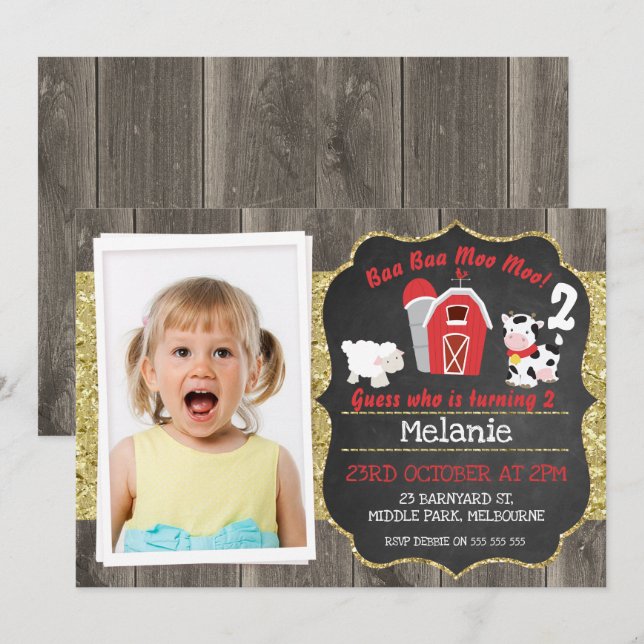 Invitación de cumpleaños a Barnyard Wood Chalkboar (Anverso / Reverso)