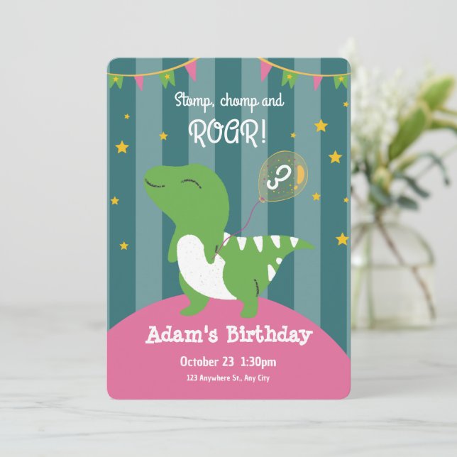 Invitación de cumpleaños a bebé de dinosaurios ver (Anverso de pie)