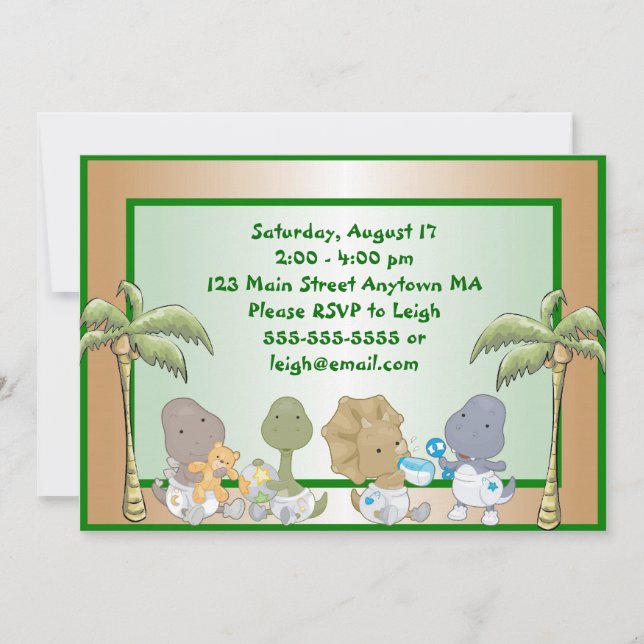 Invitación de cumpleaños a bebés de dinosaurios (Anverso)