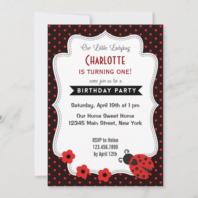 Invitación de cumpleaños a Black Red Polkadot (Anverso)