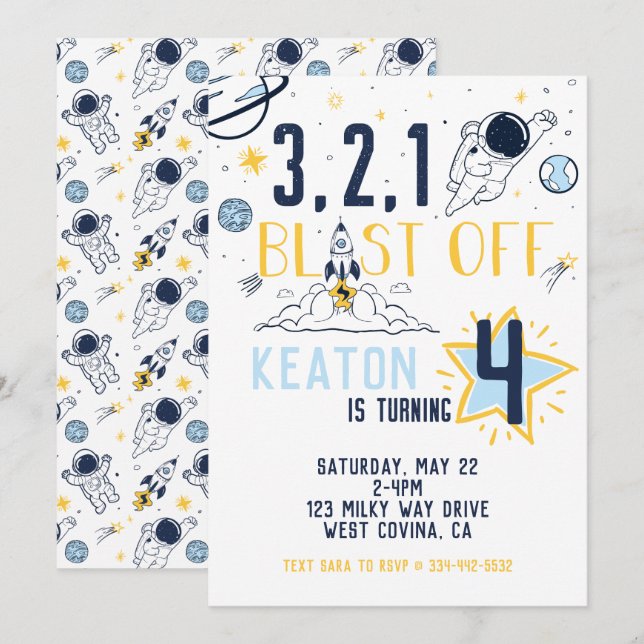 Invitación de cumpleaños a Blast Off Space (Anverso / Reverso)