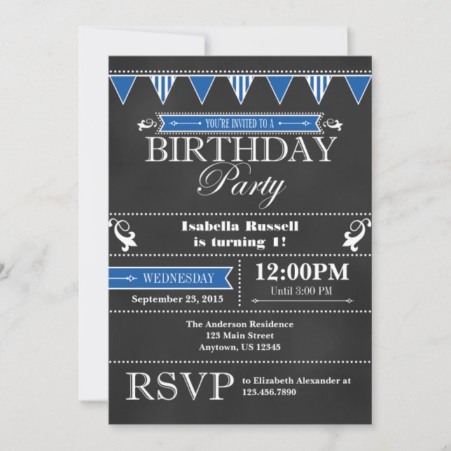 Invitación de cumpleaños a Blue Black Chalkboard (Anverso)