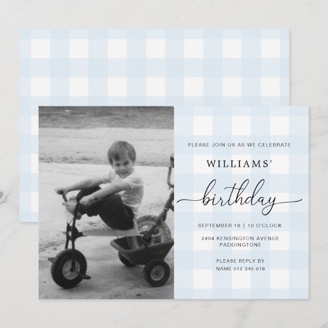 Invitación de cumpleaños a Blue Gingham Photo (Anverso / Reverso)