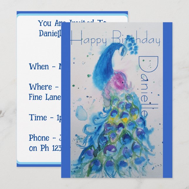 Invitación de cumpleaños a Blue Peacock Watercolor (Anverso / Reverso)