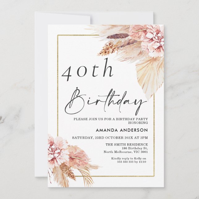 Invitación de cumpleaños a Boho Pampas Grass Gold  (Anverso)