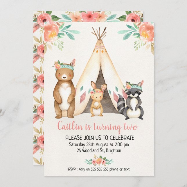 Invitación de cumpleaños a Boho Teepee Woodland An (Anverso / Reverso)