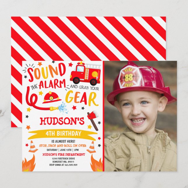 Invitación de cumpleaños a bombero de camión Fiest (Anverso / Reverso)