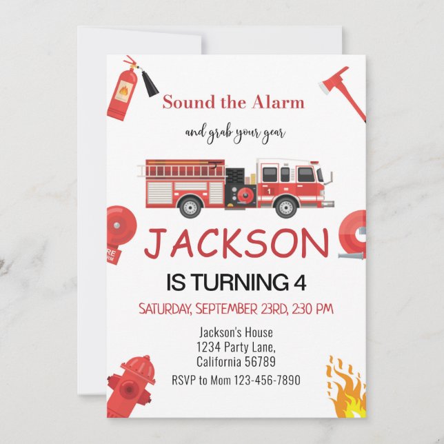 Invitación de cumpleaños a bomberos de camión (Anverso)