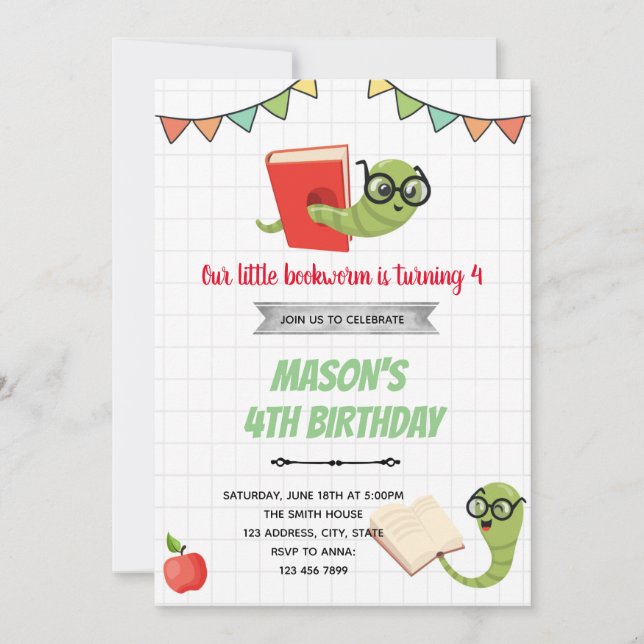 Invitación de cumpleaños a Bookworms (Anverso)
