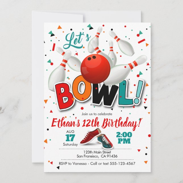 Invitación de cumpleaños a Bowling para Fiesta de  (Anverso)