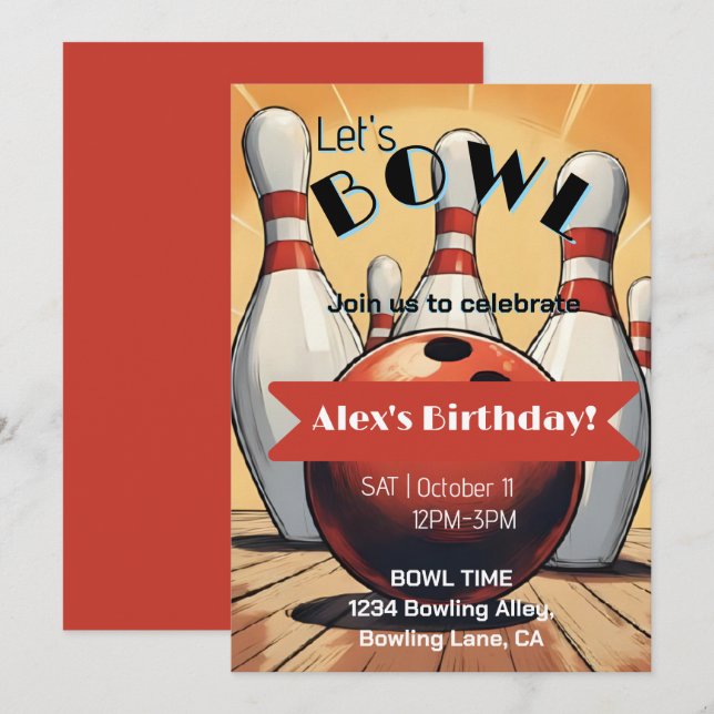 Invitación de cumpleaños a Bowling - Vamos a Bowl (Anverso / Reverso)