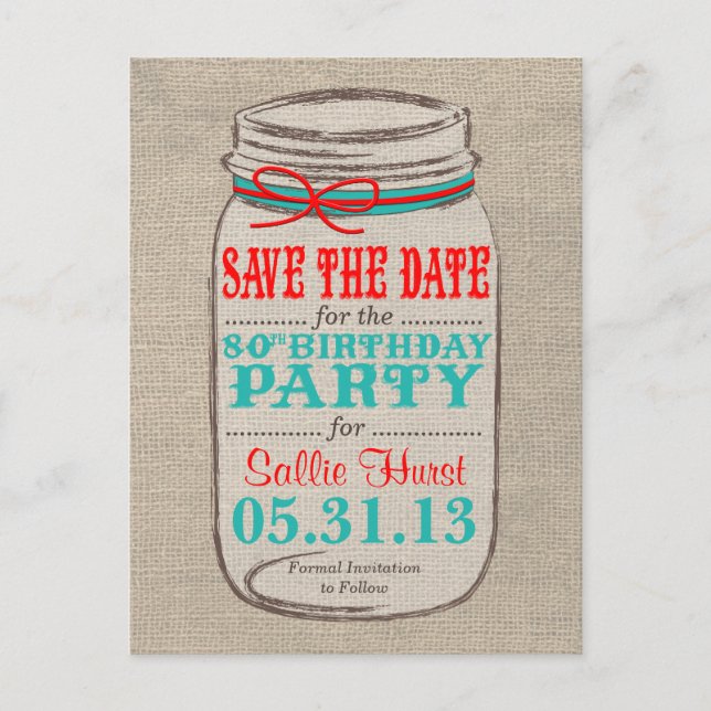 Invitación de cumpleaños a Burlap & Mason Jar Rust (Anverso)