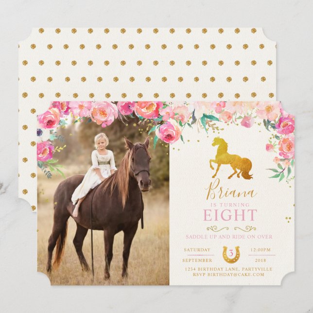 Invitación de cumpleaños a caballo de oro y foto f (Anverso / Reverso)
