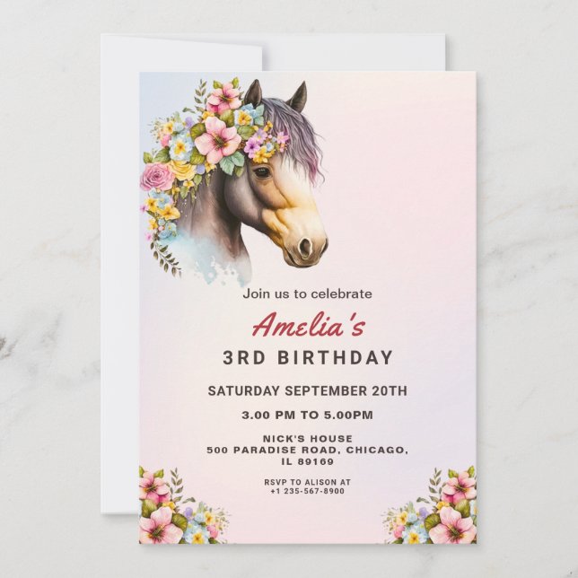 Invitación de cumpleaños a caballo editable para C (Anverso)