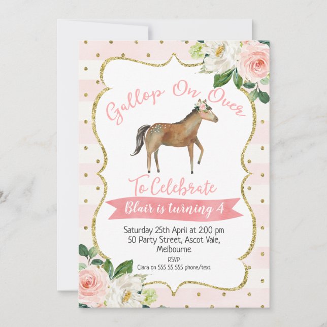 Invitación de cumpleaños a caballo floral de chica (Anverso)