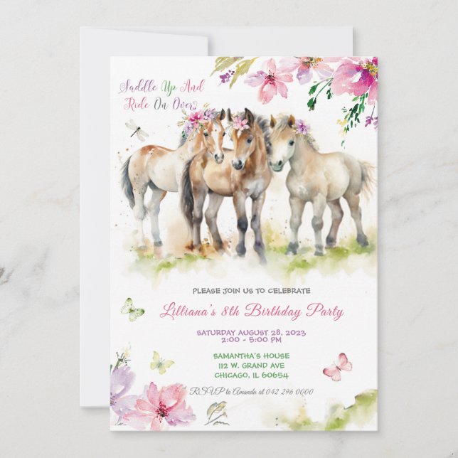 Invitación de cumpleaños a caballo morado rosado (Anverso)