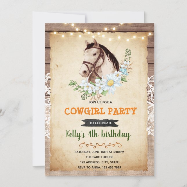 Invitación de cumpleaños a caballo vintage (Anverso)