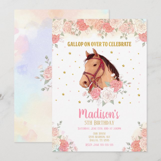 Invitación de cumpleaños a caballo y flor de bonit (Anverso / Reverso)