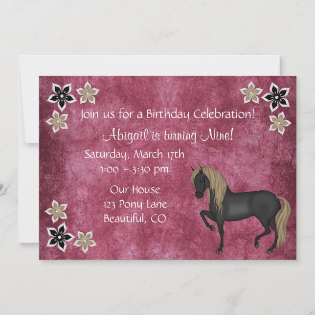 Invitación de cumpleaños a caballos y flores ~ Chi (Anverso)