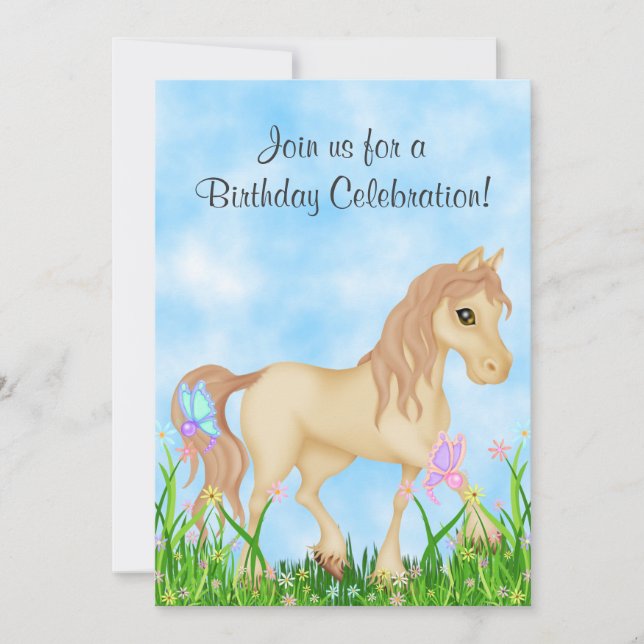 Invitación de cumpleaños a caballos y mariposas (Anverso)