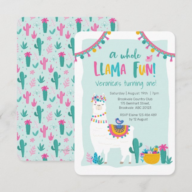 Invitación de cumpleaños a Cactus divertido de Lla (Anverso / Reverso)