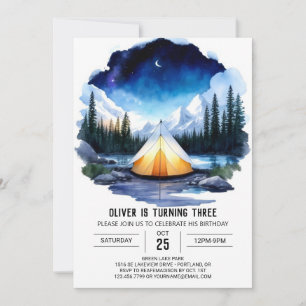Invitación de cumpleaños a Campfire y Pine Trees