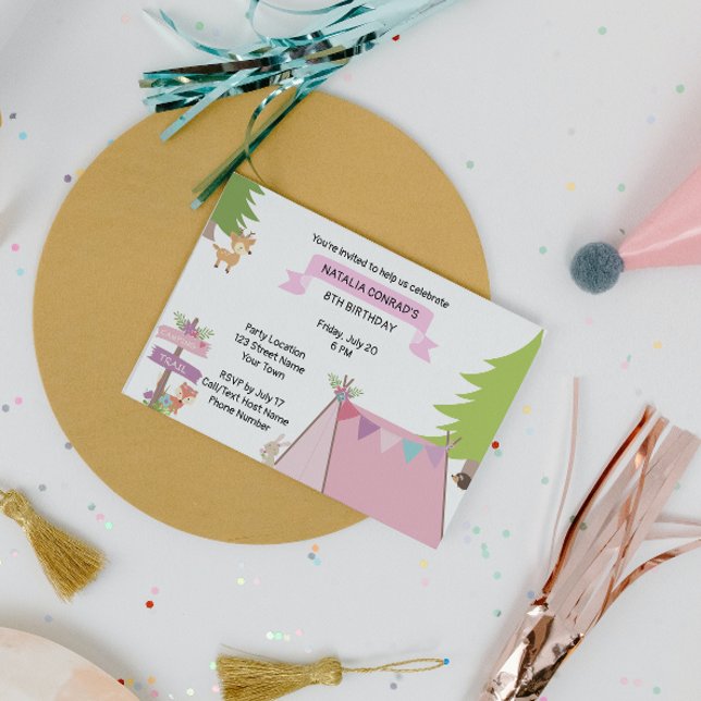 Invitación de cumpleaños a camping rosado (Subido por el creador)