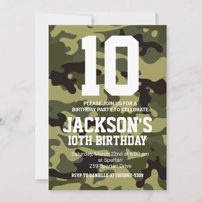 Invitación de cumpleaños a camuflaje (Anverso)