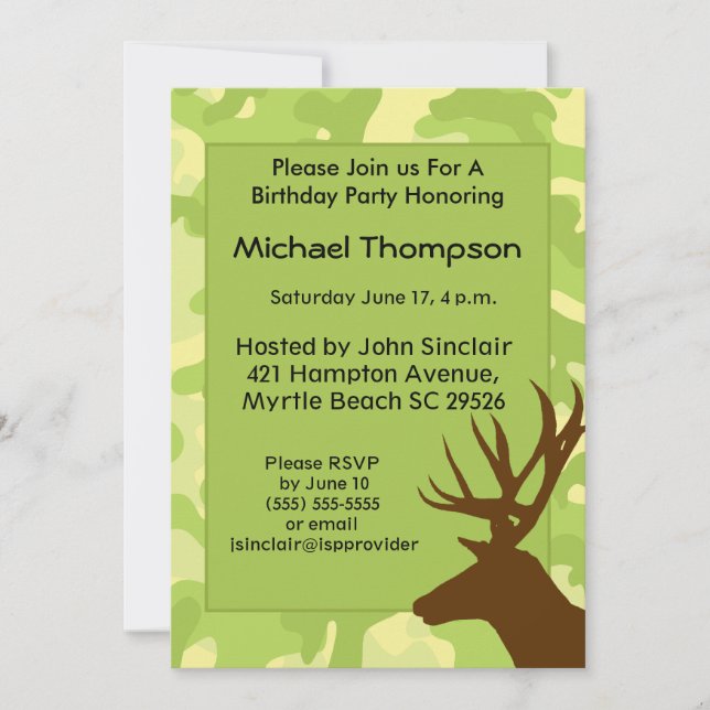 Invitación de cumpleaños a Camuflaje Deer Hunter (Anverso)