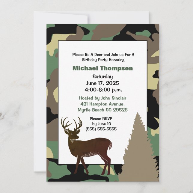 Invitación de cumpleaños a Camuflaje Deer Hunter (Anverso)