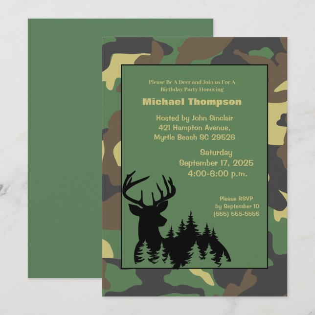 Invitación de cumpleaños a Camuflaje Deer Hunter (Anverso / Reverso)
