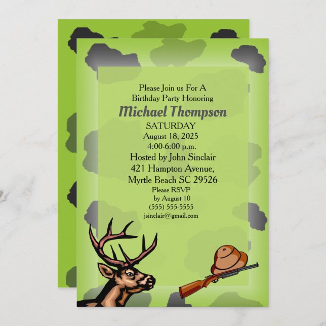 Invitación de cumpleaños a Camuflaje Deer Hunter (Anverso / Reverso)