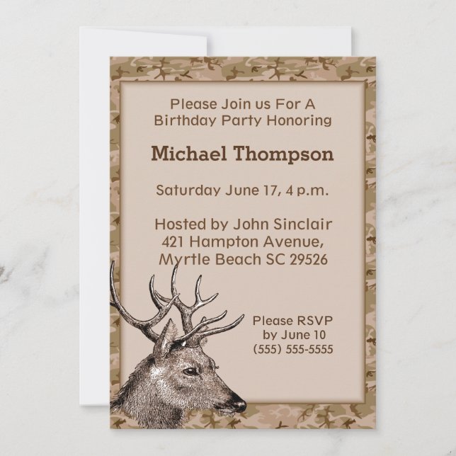 Invitación de cumpleaños a Camuflaje Deer Hunter (Anverso)