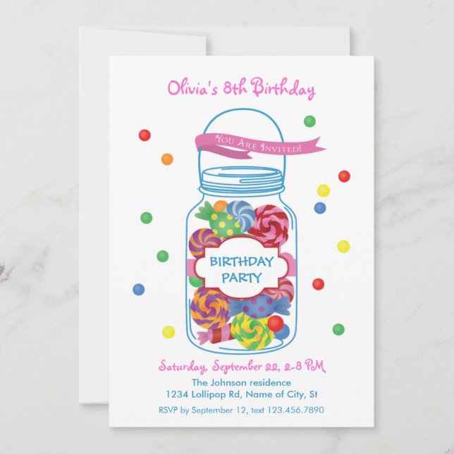 Invitación de cumpleaños a Candy Mason Jar (Anverso)