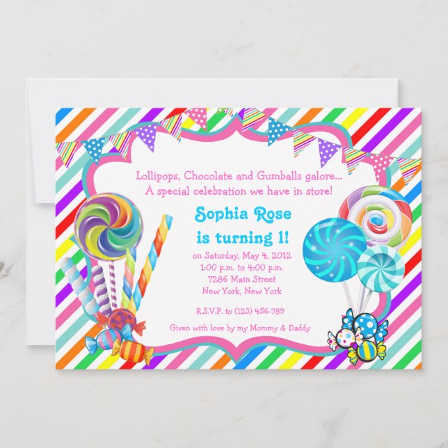 Invitación de cumpleaños a Candyland Candy (Anverso)