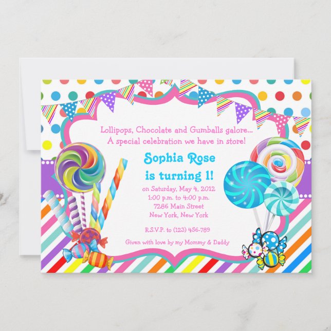 Invitación de cumpleaños a Candyland Candy (Anverso)