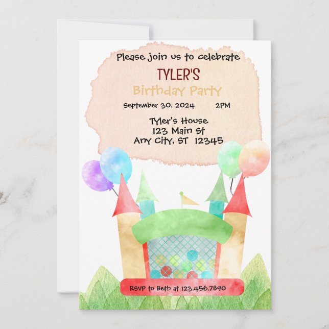 Invitación de cumpleaños a casa de muñecos inflabl (Anverso)