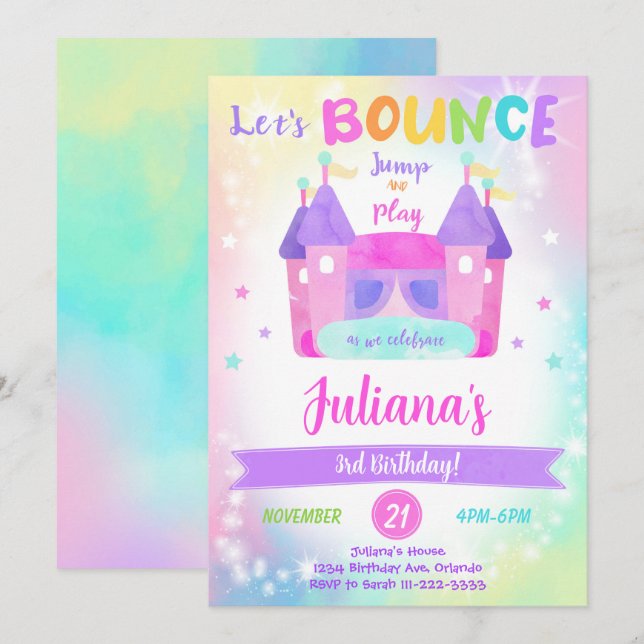 Invitación de cumpleaños a casa de Rainbow Boundin (Anverso / Reverso)