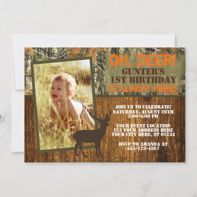Invitación de cumpleaños a cazar venados con foto  (Anverso)