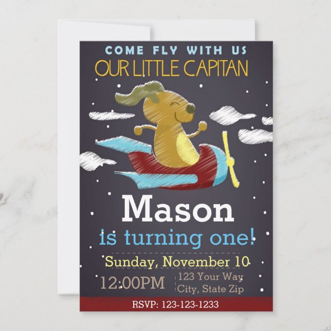 Invitación de cumpleaños a Chalkboard de avión (az (Anverso)