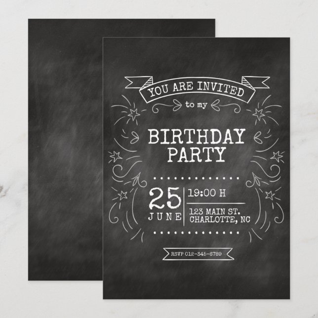 Invitación de cumpleaños a Chalkboard de personali (Anverso / Reverso)