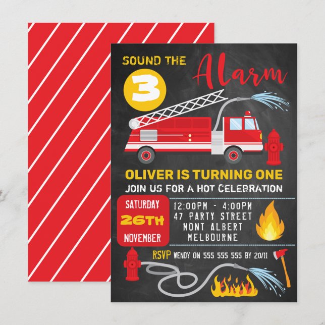 Invitación de cumpleaños a Chalkboard Fire Truck (Anverso / Reverso)