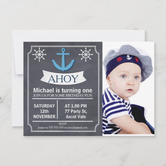 Invitación de cumpleaños a Chalkboard Nautical Anc (Anverso)
