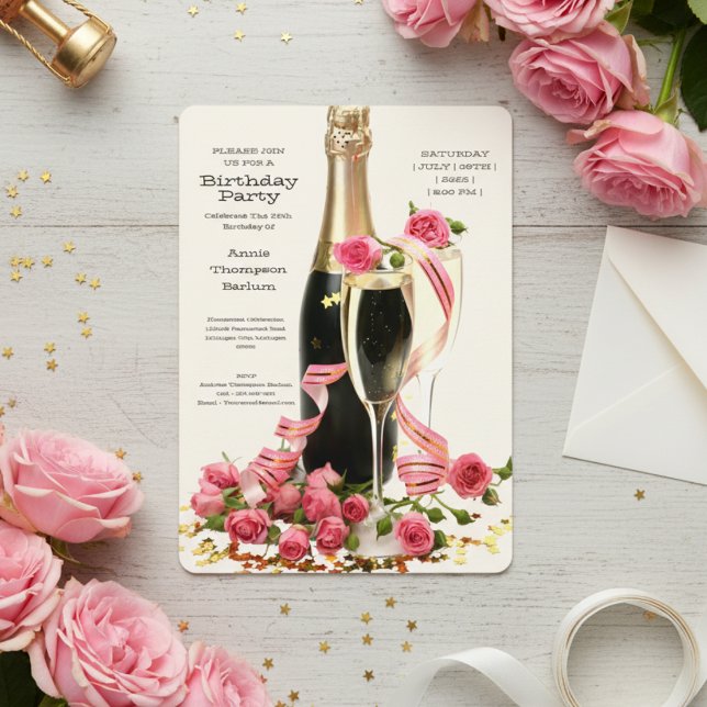 Invitación de cumpleaños a champagne y Rosas (Champagne and Roses Birthday Invitation)