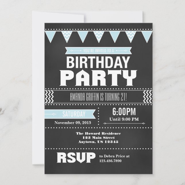 Invitación de cumpleaños a Chevron Chalkboard azul (Anverso)