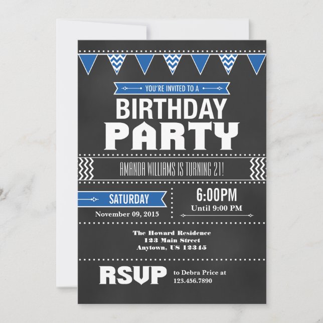 Invitación de cumpleaños a Chevron Chalkboard Azul (Anverso)