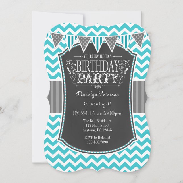 Invitación de cumpleaños a Chevron Chalkboard Verd (Anverso)